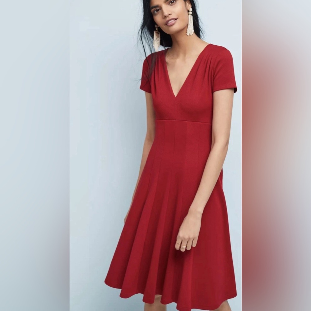 Maeve by Anthropologie Fit & Flare Dress Size Petite Lg Red V Neck Stretch Lined